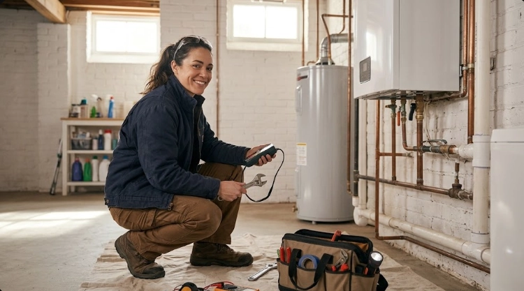 Licensed technician inspecting residential gas piping shutoff valve and pressure regulator in St. Albans Queens
