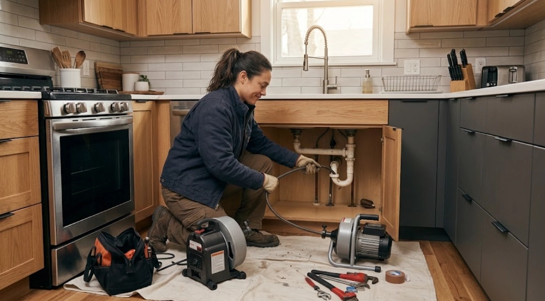 Plumbing technician performing professional drain cleaning on residential kitchen sink waste line in St. Albans Queens