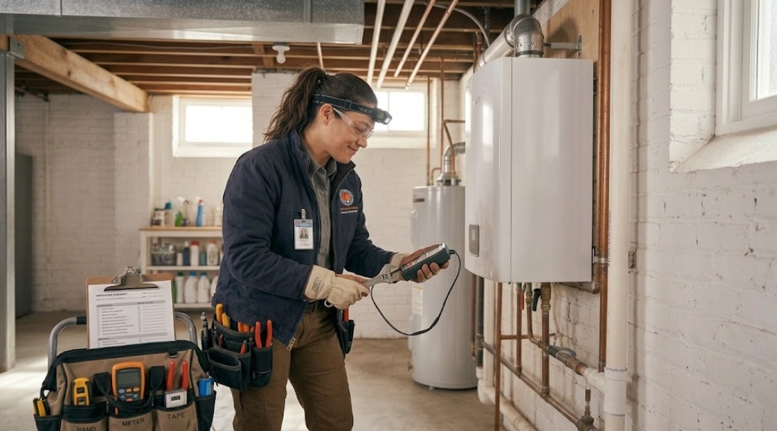 Heating technician inspecting a residential gas-fired boiler burner assembly and controls in St. Albans Queens