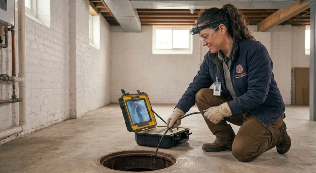 Plumbing specialist operating video sewer camera inspection monitor for main line diagnostic evaluation in St. Albans Queens