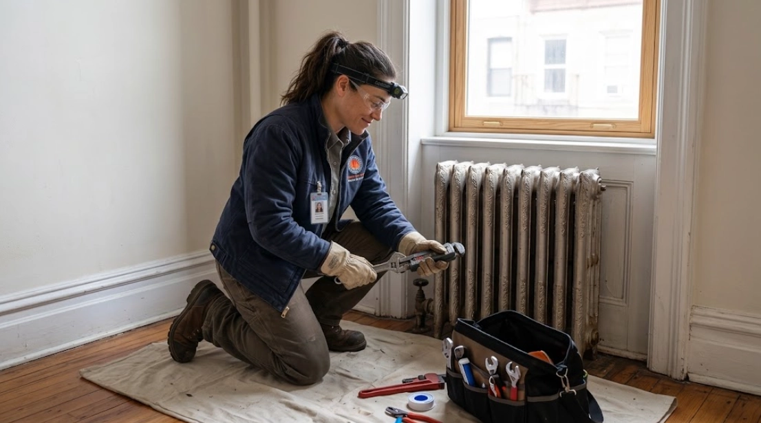 Technician repairing a steam radiator angle valve and air vent in St. Albans Queens residence