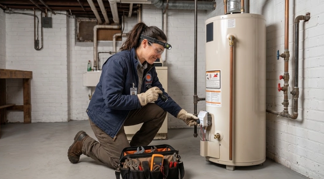 Plumber testing residential gas water heater thermostat control and gas valve in St. Albans Queens